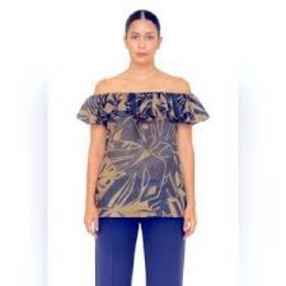 Lauren Ralph Lauren Top Off Shoulder Boho Ruffles Taupe Indigo Blouse